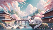 Idyllic Japanese Town Embraced By Fluffy Pink Sakura Blossoms. Traditional Architecture, Wooden Bridges, And Flowing Waterfalls Dominate. Majestic White Creature With Vibrant Eyes Rests By The Waters