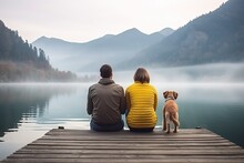 A Family With A Small Yellow Dog Is Resting On The Pier And Looking At The Lake
