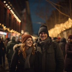 Wall Mural - romantic couple in love at a christmas market