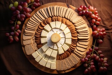 rye crackers and brie pieces arranged in a circular pattern