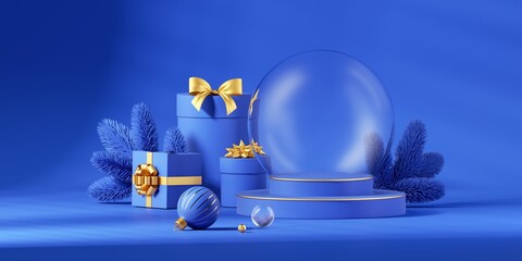 3d render. Blue holiday wallpaper. Festive blue and gold Christmas ornaments and gift boxes. Empty glass snow ball. Stage platform for product presentation