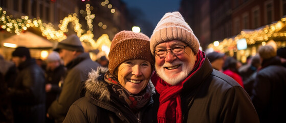 Canvas Print - elderly couple at a christmas market in winter