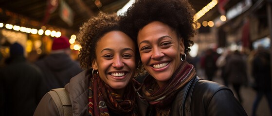 Wall Mural - portrait of a black woman and her daughter at a german christmas market