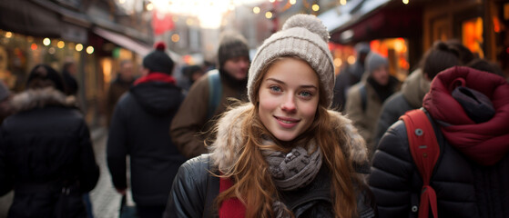 Poster - portrait of a young woman in a city landscape in winter