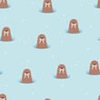 Seamless pattern of cute cartoon walrus in the ice hole. Background wallpaper for kids with a funny arctic animal.