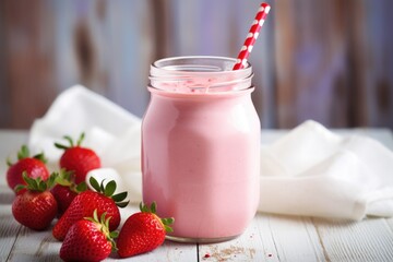 Wall Mural - strawberry yogurt drink in a bottle with a straw coming out