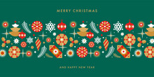 Merry Christmas And Happy New Year Greeting Card, Poster, Holiday Cover. Modern Xmas Border Design With Geometric Pattern In Red, Gold, White Colors On Green. Christmas Tree, Balls, Stars, Snowflakes