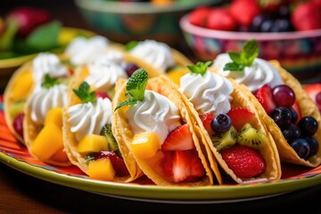 Wall Mural - dessert tacos with fruit filling and whipped cream on a colorful plate