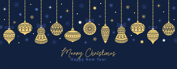 Sticker - Merry Christmas and Happy New Year banner. Elegant blue background with garland of gold christmas balls and decorations. Vector illustration.