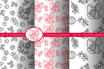  set of Christmas seamless pattern with hand drawn bells and Christmasy elements