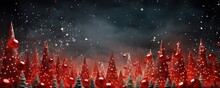 Many Natural Christmas Trees With Red Lighting And Small Stars Covering The Sky. Generative AI