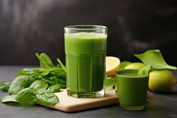 Wall Mural - green vegetable juice with a bundle of spinach leaves nearby