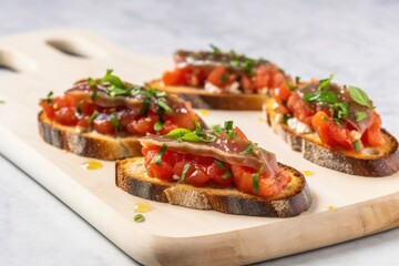 Canvas Print - bruschetta with anchovies on a marble board