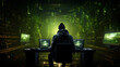 Darkened hacker lair with green matrix code on screens