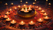 Diwali Clay Diya lamps candles lit during Dipavali, Hindu festival of lights celebration circle