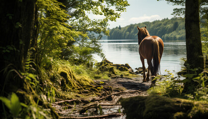 Wall Mural - Wild horse in a river. Horse in a green forest surrounded by water. Brown haired horse walking through a lush forest during spring time. Spring. Cute animal. Mammal