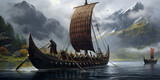gondola country, sail, boat, ship, wood, old, mast, water, vintage, model, Viking ship on the water with the logo on the ship, generative AI
