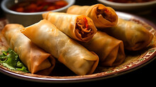 Tasty Asian Chicken Spring Rolls On Plate With Sauce. Close Up Food Photo