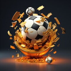 Wall Mural - Soccer ball with golden confetti. 3D illustration. 3D rendering. Soccer ball breaking through the wall.