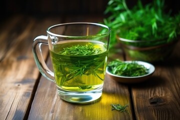 Wall Mural - green herbal tea in a transparent cup on a wooden table