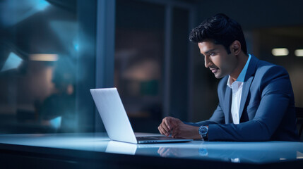 Wall Mural - Young businessman or corporate employee using laptop at office.