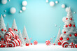 Modern Christmas tree with gifts boxes, presents and balls on a blue background. 3d New year concept for greeting card