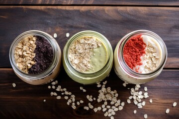 Sticker - three different flavored oats in mason jars, shot from above