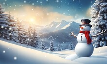 Merry Christmas And Happy New Year Greeting Card With Copy-space.Happy Snowman Standing In Christmas Landscape.Snow Background.Winter Fairytale, Generative AI