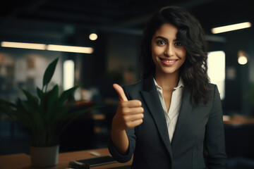 Wall Mural - Young businesswoman showing thumps up at office.