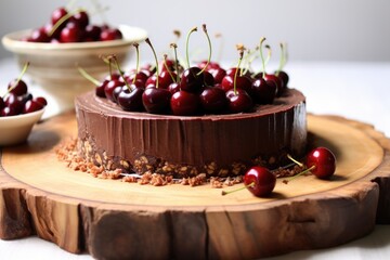 Sticker - raw vegan cherry chocolate cake on a bamboo platter