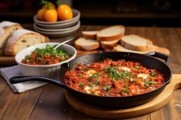 Canvas Print - shakshuka with garlic bread on the side on a wooden kitchen island