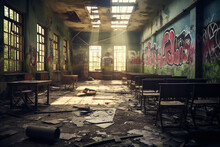 An Abandoned School Building With Boarded-up Windows And Graffiti, Surrounded By Debris