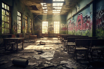 Poster - An abandoned school building with boarded-up windows and graffiti, surrounded by debris