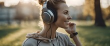 A Beautiful  Woman In A Park Wearing Headphones Getting Ready For Her Morning Jog
