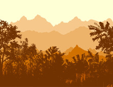 Autumn Landscape With Brown Trees. Mountains In A Warm Country. Hand Drawing. Not AI, Illustrat3 . Vector Illustration