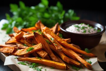 Canvas Print - a close-up of sweet potato fries with parsley garnish