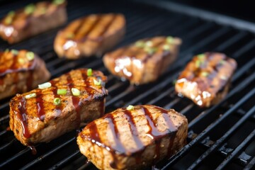 Poster - close-up of teriyaki marinade pooling on tofu steaks