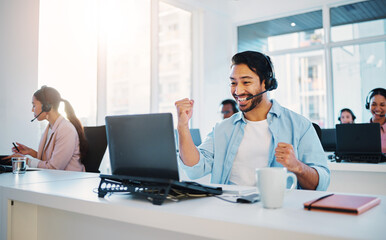Poster - Call center, man and excited at laptop for success, CRM bonus and winning promotion in coworking agency. Asian salesman celebrate achievement of online deal, telemarketing profit and yes with fist