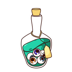 Wall Mural - Groovy Halloween potion bottle of witch vector illustration. Cartoon isolated retro psychedelic Halloween sticker of magic glass vial with green witchy poison and eyeballs ingredient, label and cork