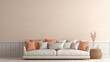 fabric sofa with white and terra cotta pillows. French country home interior design. ai generative