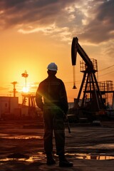 Wall Mural - Oil worker standing in front of oil pump at the sunset