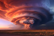 Beautifully structured supercell thunderstorm, sunset sky.
