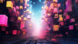 A large abstract painting with blocks, in the style of futuristic digital art, perspective rendering, pink and yellow, urban environment, luminous 3d objects, cubo-futurism, dazzling cityscapes