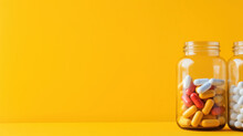 Multicolored Tablets And Capsules From A Glass Bottle On A Yellow Background