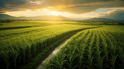 Sugarcane field and cloudy sky at sunset