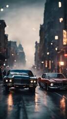 two cars traveling down a wet city street at night time