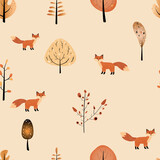 Fototapeta  - seamless pattern with autumn elements of trees and foxes
