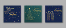 Happy New Year And Merry Christmas. Set Of Greeting Cards, Posters. Modern Design In Blue-green Colors. Christmas Tree, Angel And Gift Box. Winter Vector Illustration.