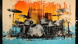 abstract grunge music background with drum set and musical instruments. Ai generative

