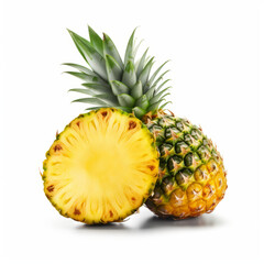 Fresh whole and cut pineapple isolated on white background